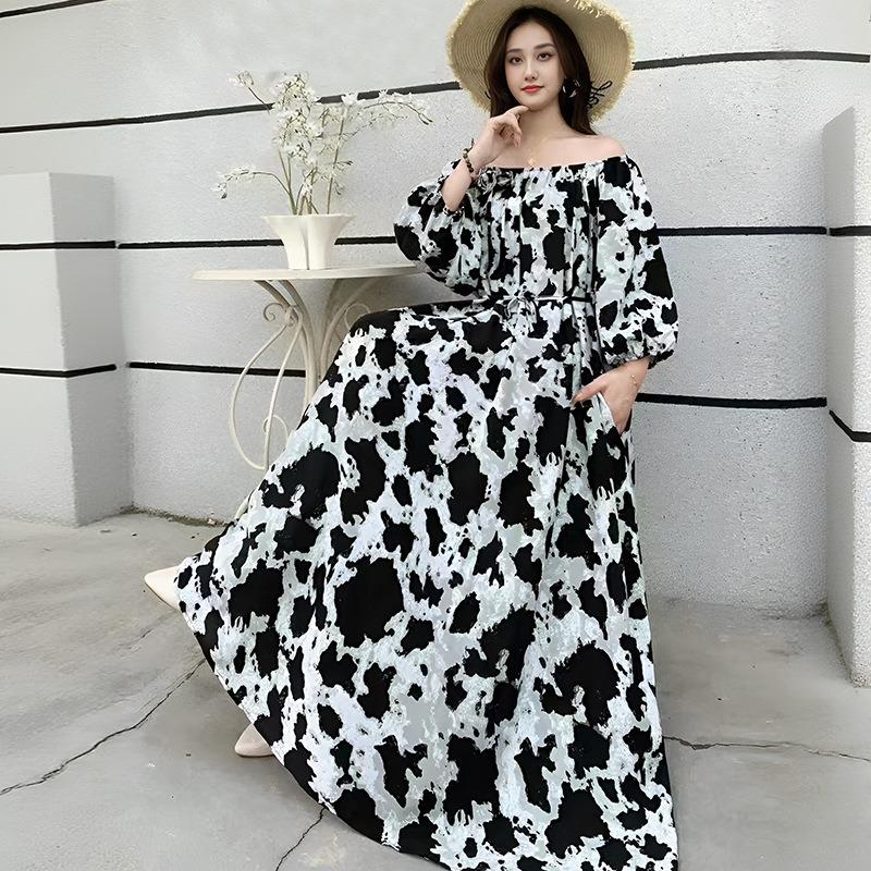 Fattened extra large size floral long-sleeved dress 100kg fat girl long dress one-word shoulder loose maternity dress