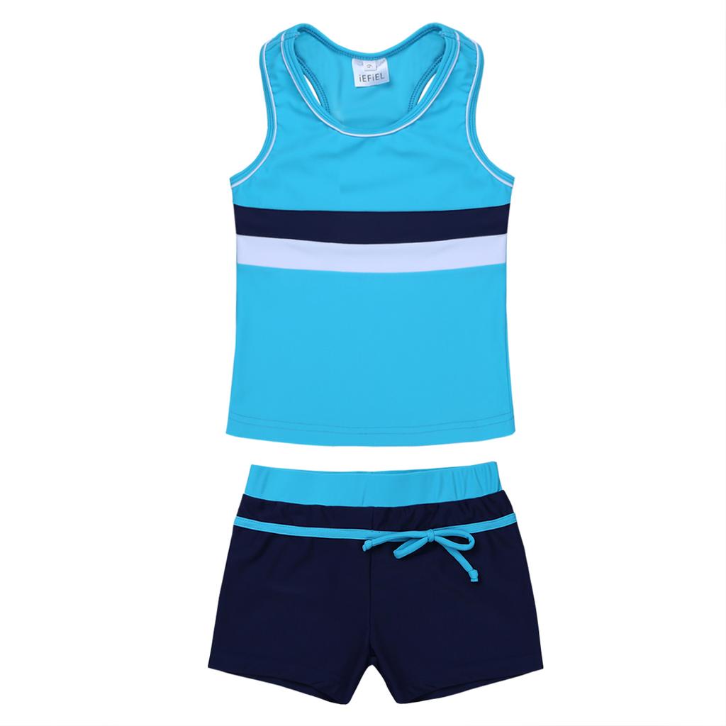 Girls Two Piece Swimsuit Swimwear Racer Back Tank Top with Swim Shorts