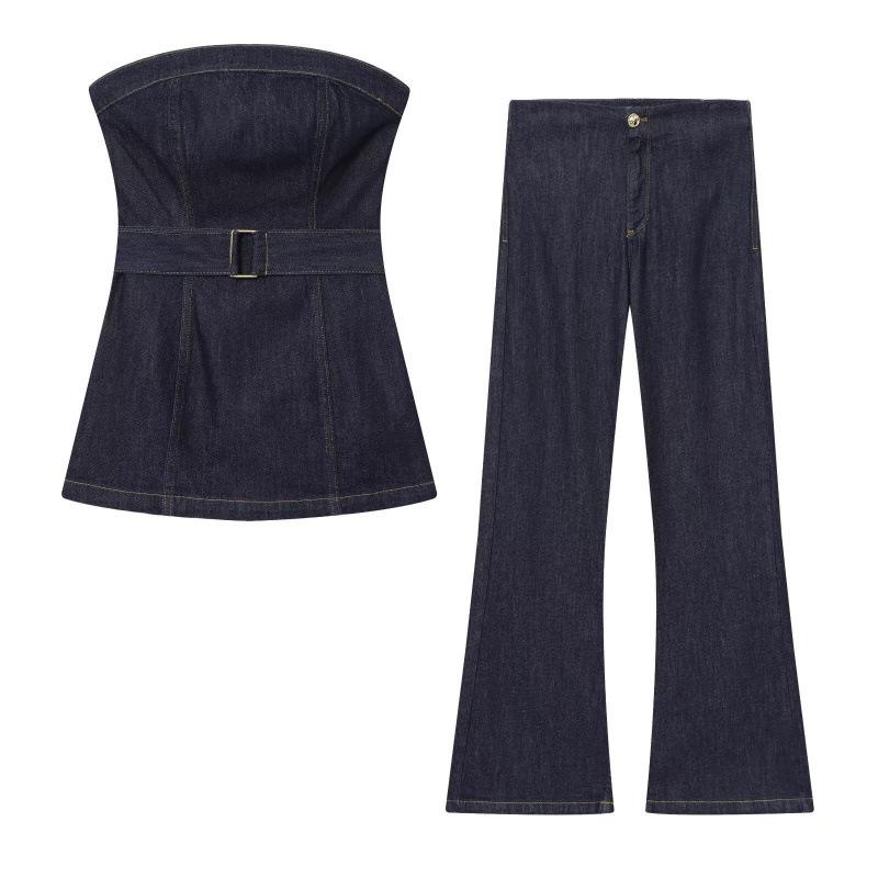 European-American Women's Sleeveless Denim Bandeau Top and Straight Leg Jeans Set with Belt