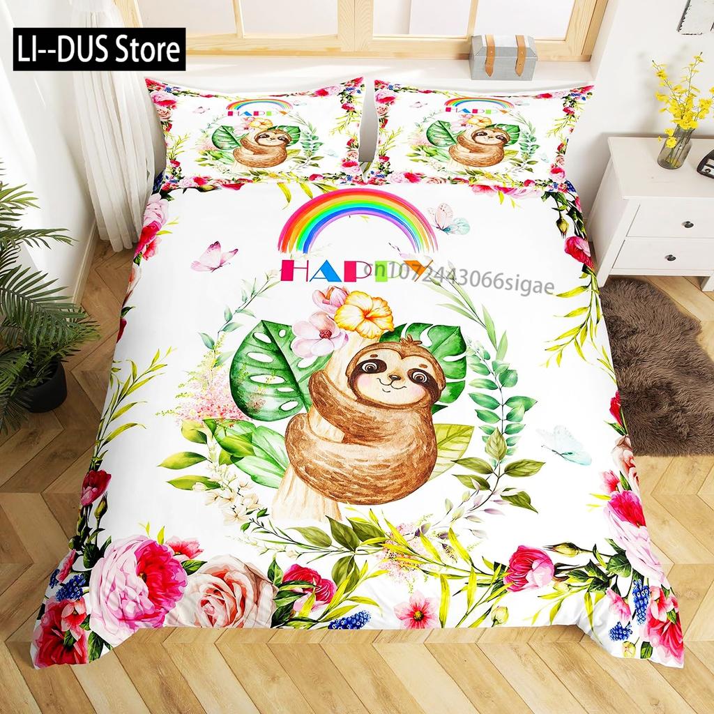 Sloth Duvet Cover Set Cartoon Character Sleeping on Branch Decorative 3 Piece Bedding Set with 2 Pillow Shams Queen Full Size