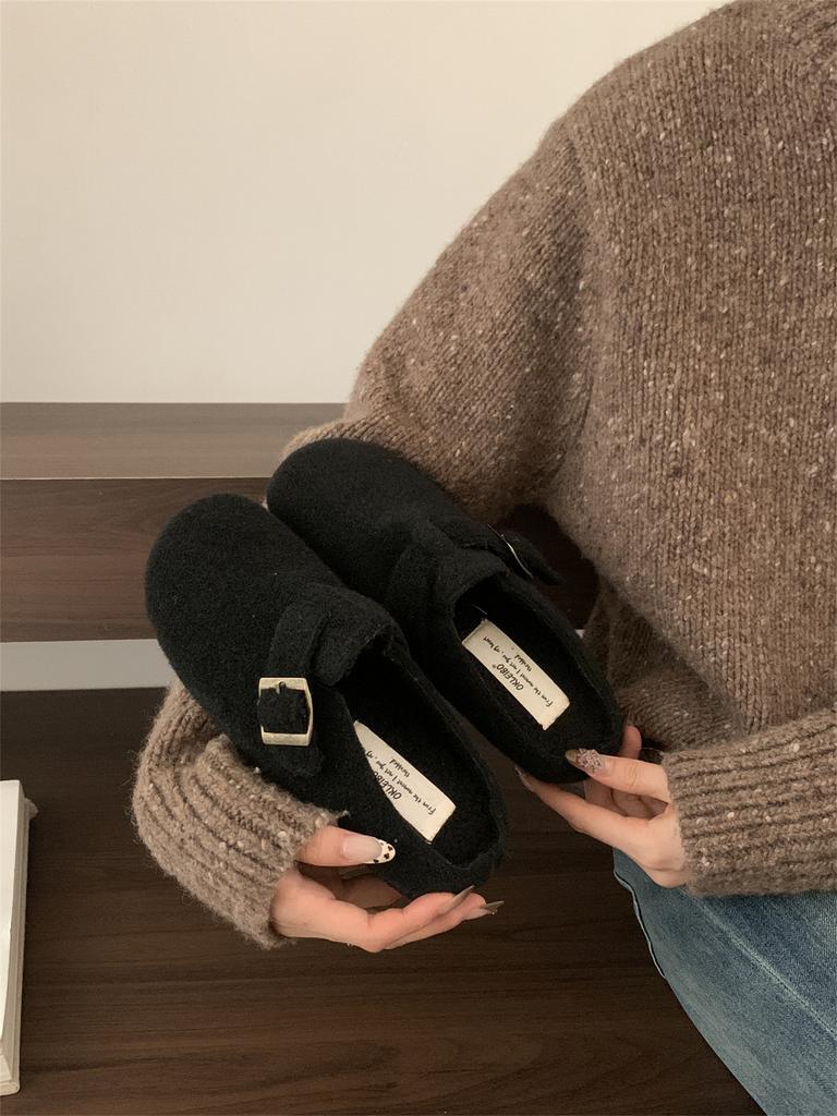 Korean Version of Retro Platform Woolen Birkenstocks Women's 2025 New Velvet Warm Lazy One Pedal Bag Head Half Slippers