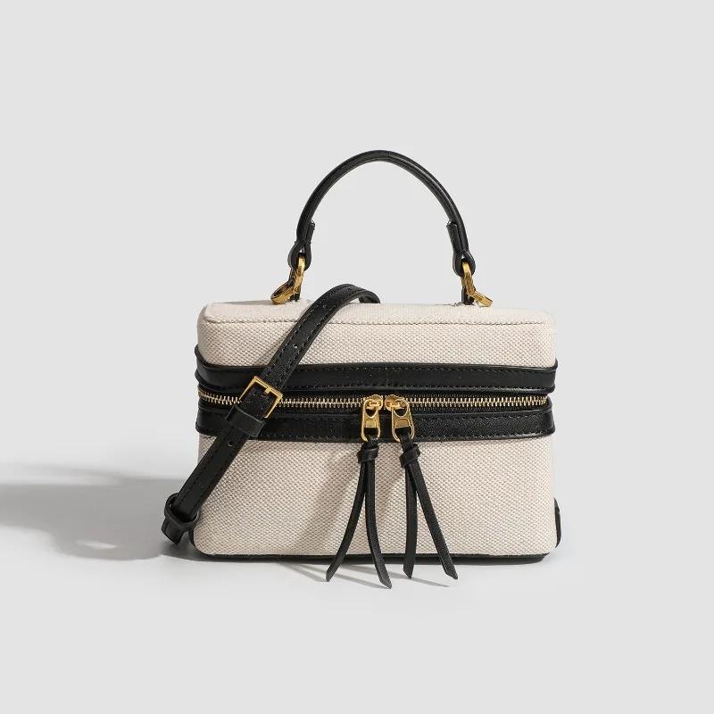 Trend Design Women's Small Square Box Bag  Fashion Canvas Patchwork Leather Double Zipper Crossbody Single Bag High Quality