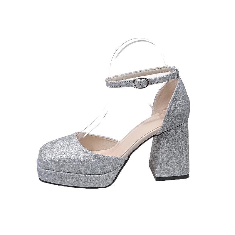 

thick heel waterproof table high heels women s spring summer new fashion sequins 2025 one-word buckle with bag head sandals large size 35