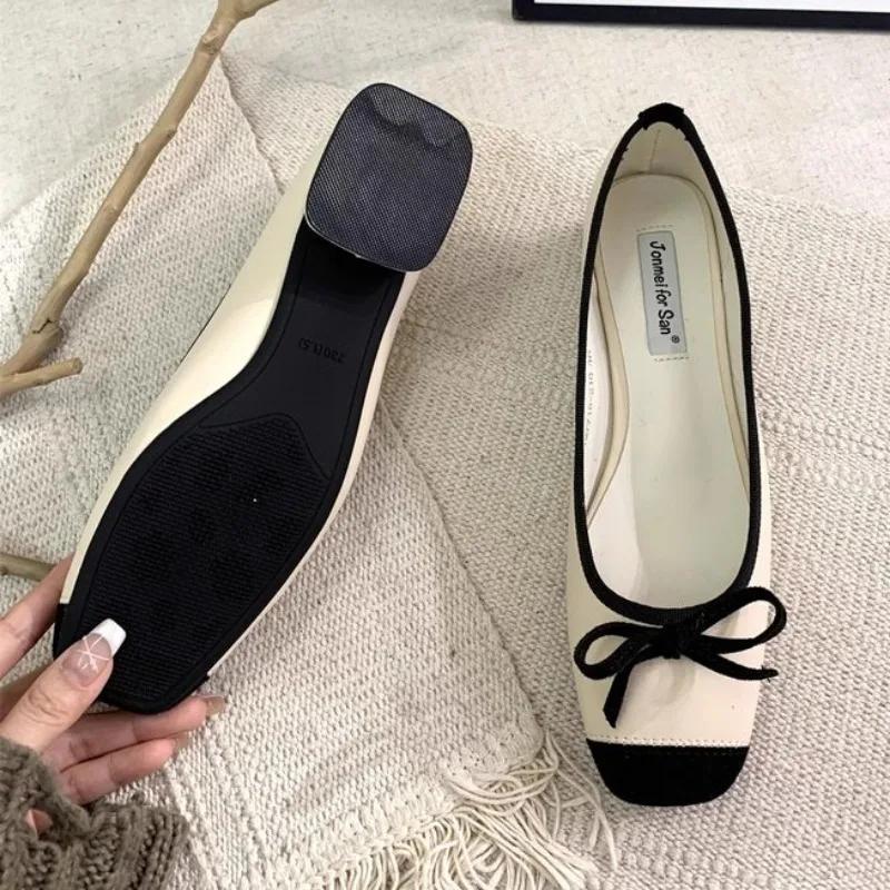 Fashion Women's Single Shoes Spring New Square Head Splicing Butterfly Knot Soft Sole Anti-slip Wear-resistant Low-top Shoes