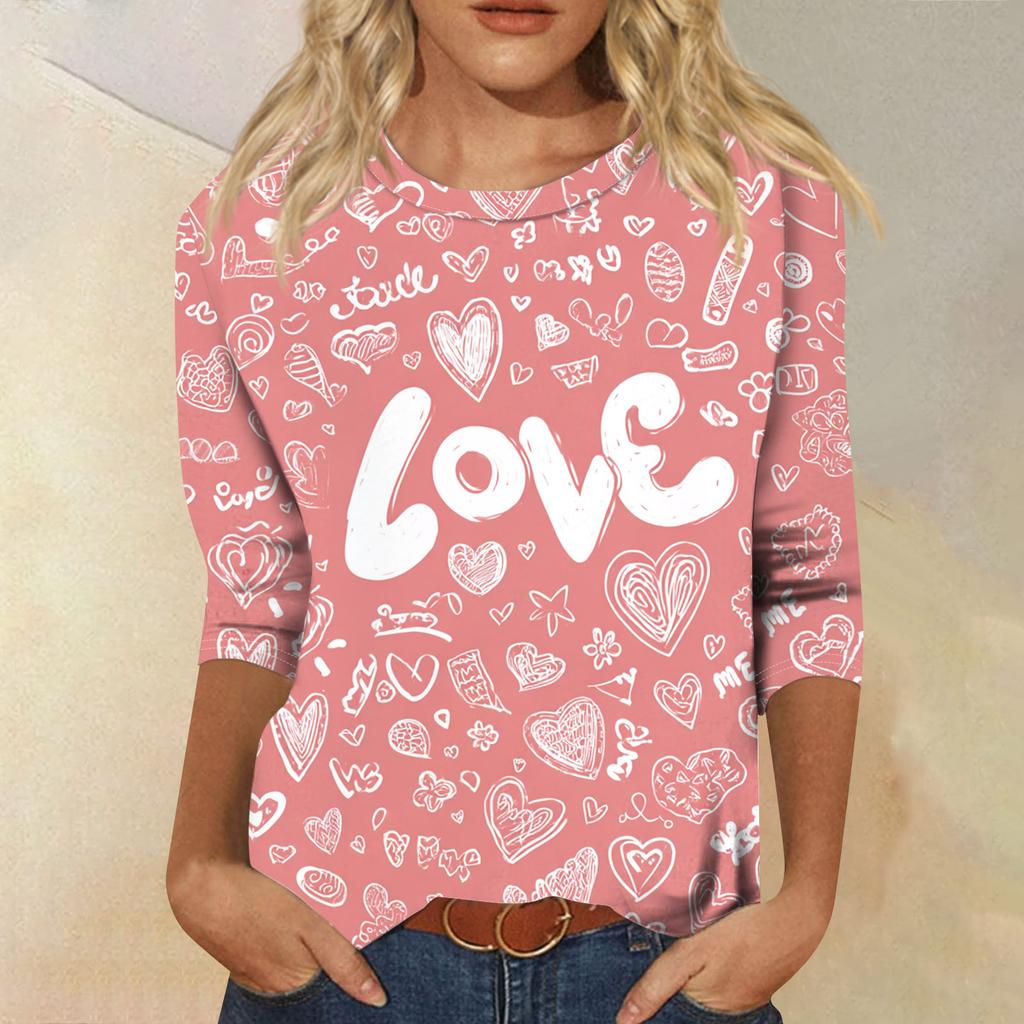 Damen Modisches Lässiges Dreiviertelarm Valentinstag-Druck Rundhals Pullover-Oberteil