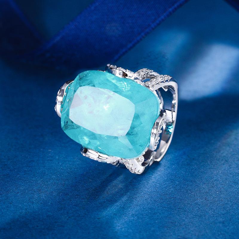 Jewelry Copper Bottom Gold-Plated Simulation Color Treasure Corundum Fat Rectangular Light Luxury Ring Women 15 * 20