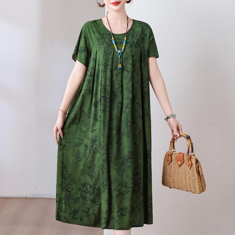 Plus Size Loose Vintage Print Langes Kleid für Damen Lässige Kurzarm-Sommer-Damenkleider