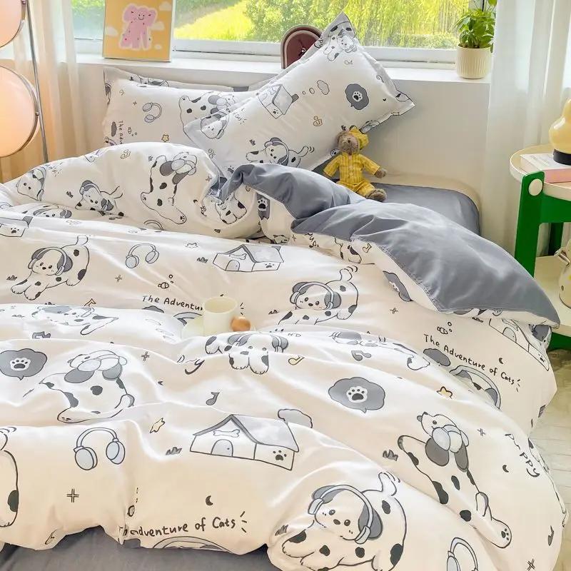 Girls Boys New Bed Linen Lucky Dog Bedding Set Cute Cartoon No Filler Twin Full Size Duvet Cover Flat Sheet Pillowcase Fashion
