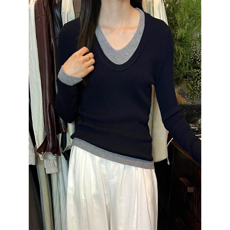 Trendy Retro Fake Two-piece Knitted Sweater Women's Autumn and Winter Collar Sexy Contrasting Color Inner Bottoming Shirt Top