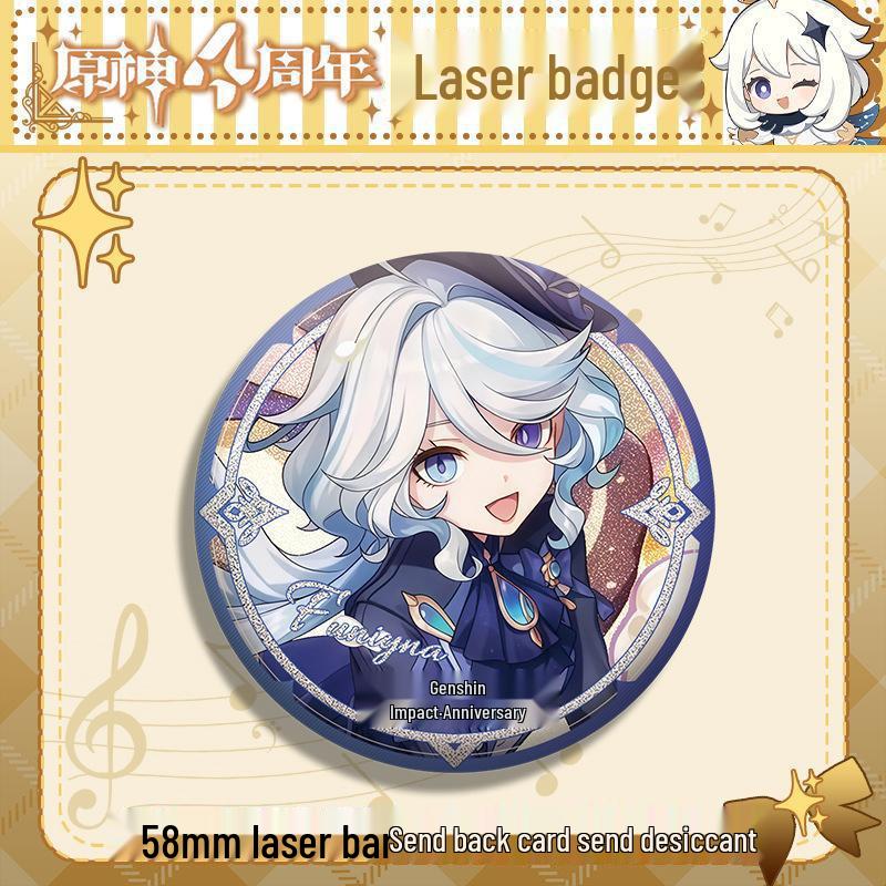 Genshin Impact 4th Anniversary: 58 Anime Laser Badges Featuring Furina, Raiden Shogun, and Zhongli 58mm Laser Badge
