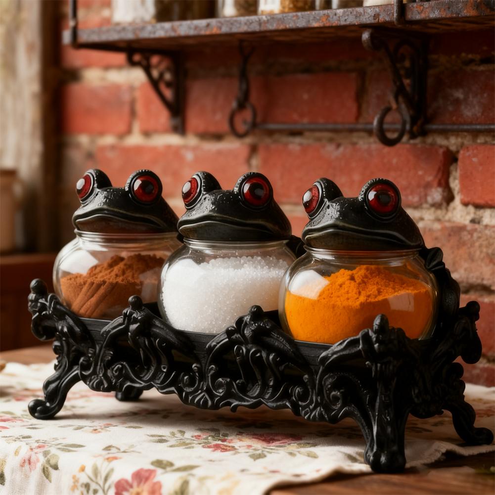 Handcrafted Witchy Frog Apothecary Spice Jars Clear Seasoning Jars 3 Piece Frog Spice Jar Set Spice Containers for Salt Pepper