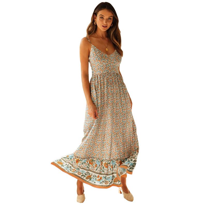 Womens Summer Floral Long Dress Ladies Bohemian V-neck Suspender Floral Holiday Dress