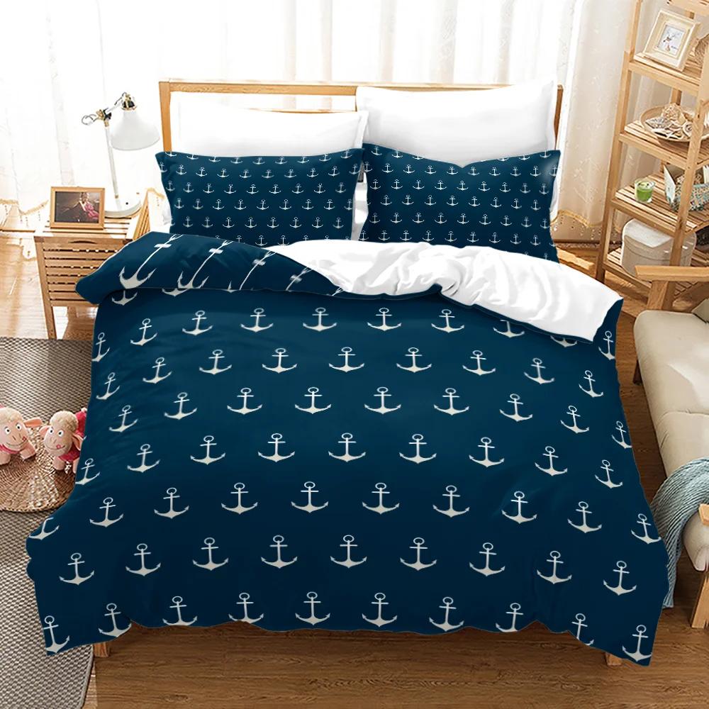 Anchor Duvet Cover Set,Nautical Pattern Classic Colors And Anchors Simplistic Design Sailor Ship Print Bedding Set Queen Size