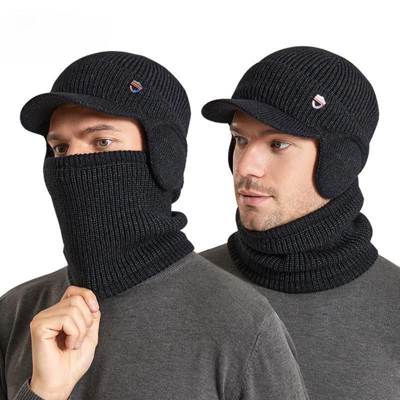 Winter warm ear protection hat scarf set plush wool hat men's European and American pullover knitted hat