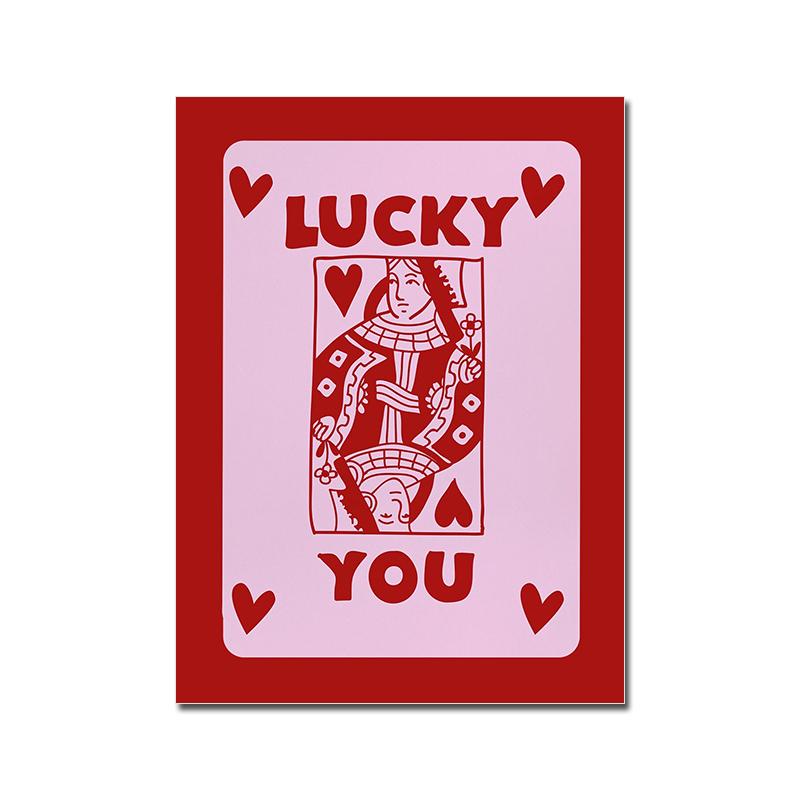 Queen Hearts Poster Lucky You Art Print Cherry Pink Red Canvas Painting Gallery Wall Picture For Living Room Bedroom Funny Decor