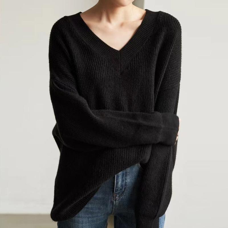 

Свободный и ленивый трикотажный свитер с V-образным вырезом женский осенне-зимний утолщенный высококачественный мягкий восковой свитер нижняя рубашка топ One size чёрный