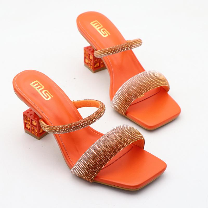 Fashion Fashion Women's Slippers 2024 New Summer Luxury Square Toe Rhinestone Shaped Heel High Heels Sandalias De Mujer Female Sandals