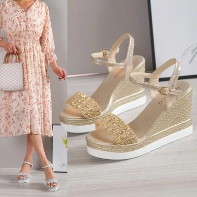 Sandálias femininas de cunha com fivela de strass, sapato de salto alto feminino, peep-toe, estilo romano, conforto ao ar livre, leveza, sandálias femininas
