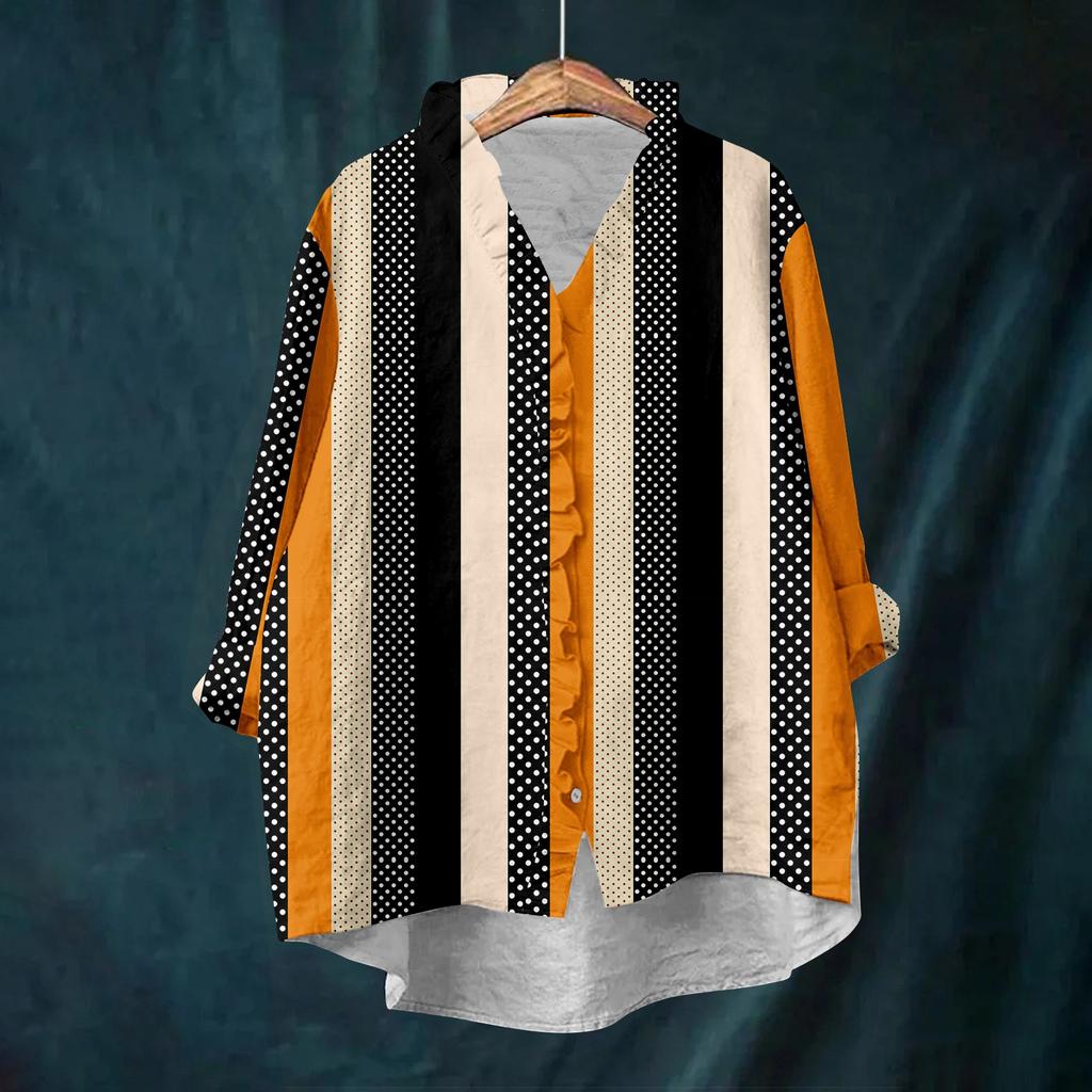 Dámský volný top s volánky, květinovým potiskem, stojáčkem a dlouhým rukávem z bavlny a lnu