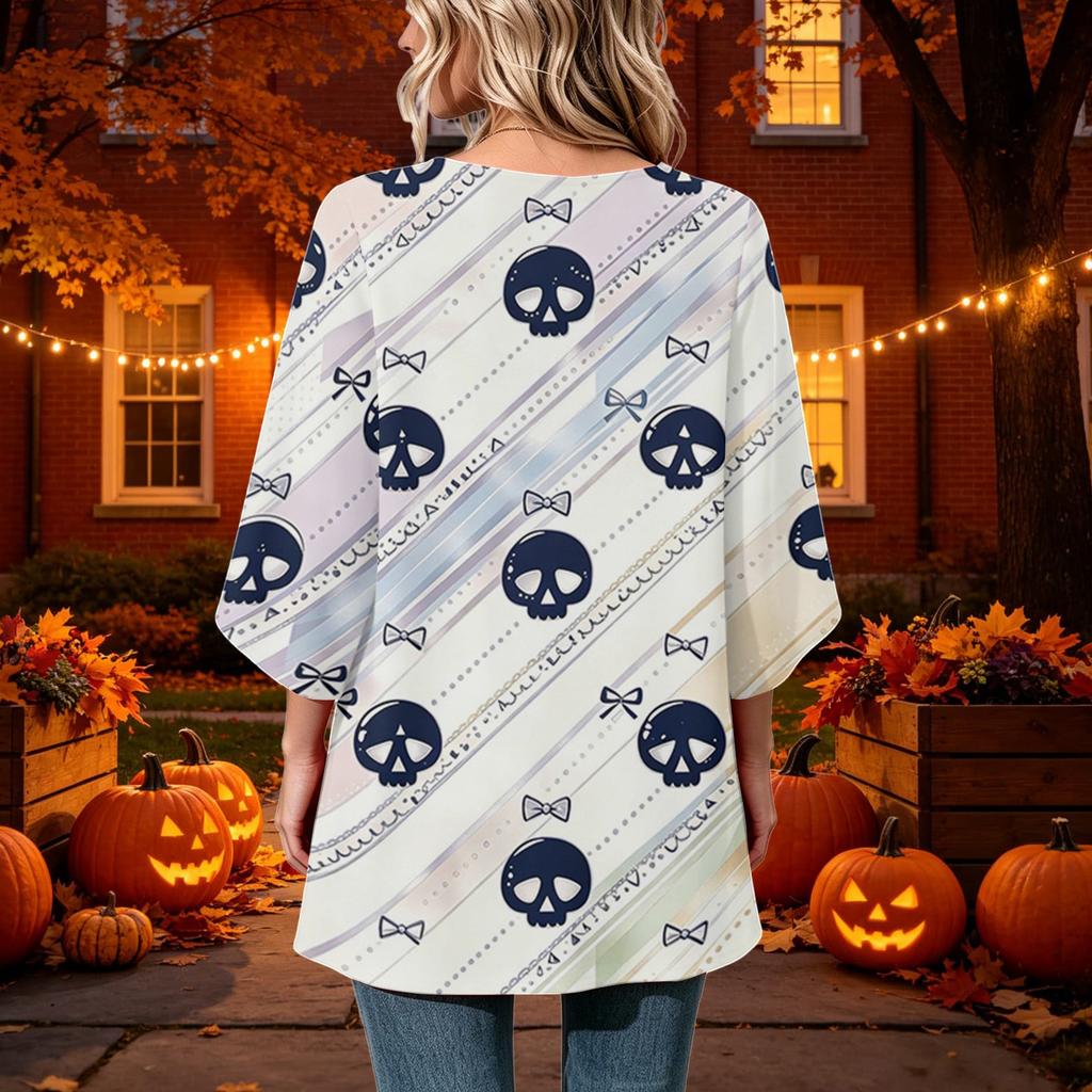 Women's Halloween Printed Casual Loose Fit Top with Round Neck and Three-Quarter Sleeves