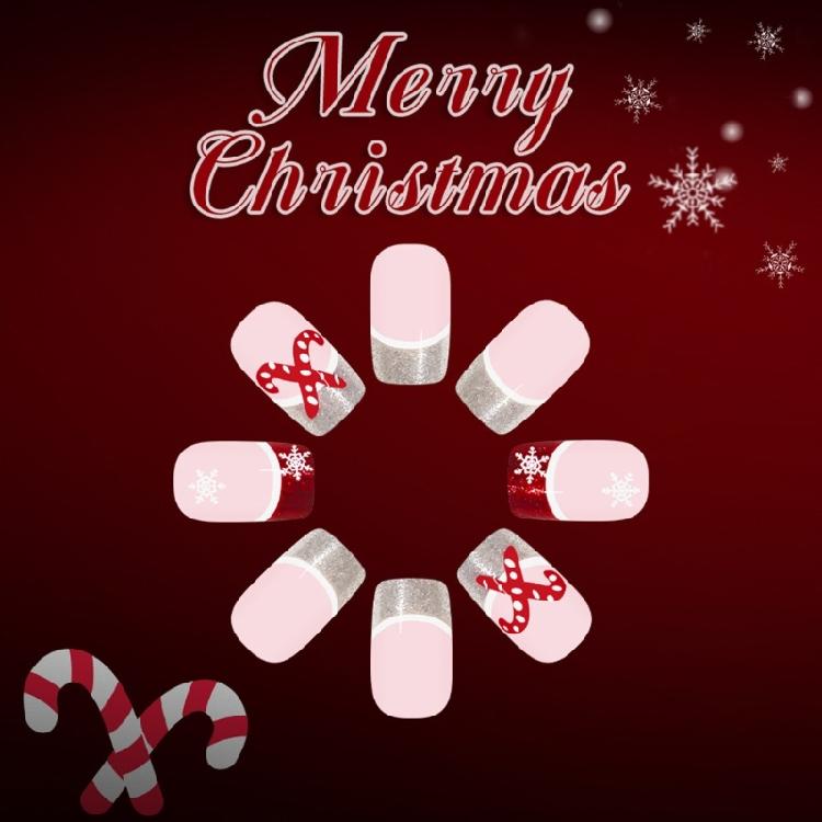 Christmas Party Glittering Fake Nail Short Oval French Styles Snowflake Cane Pattern Easily Wear