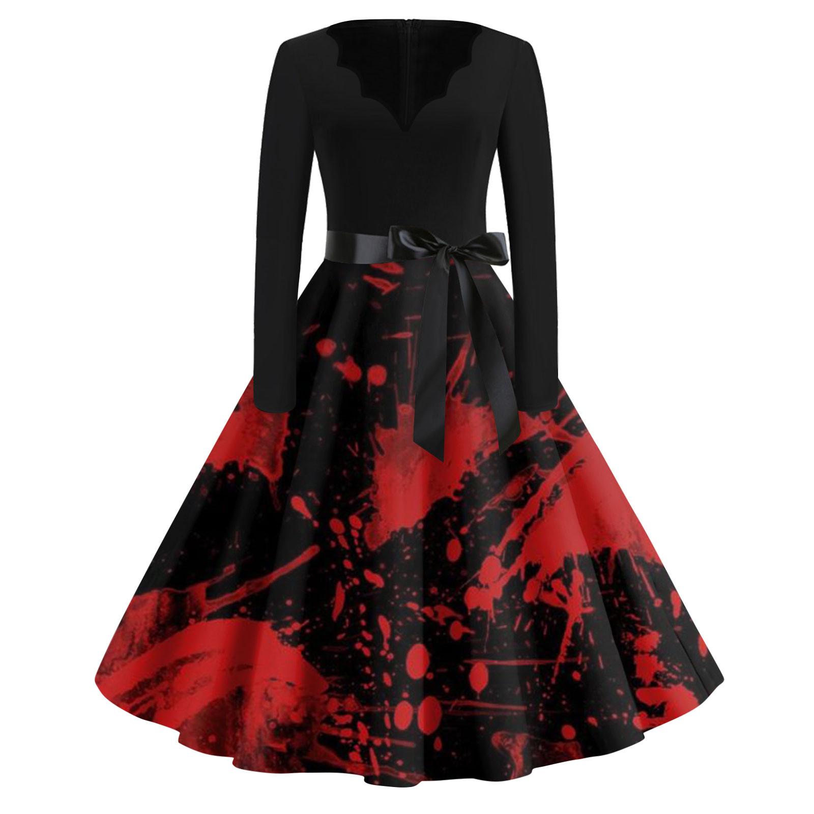 

Женская мода с v-образным вырезом, повседневные тонкие платья с длинными рукавами и принтом на Хэллоуин XL красный