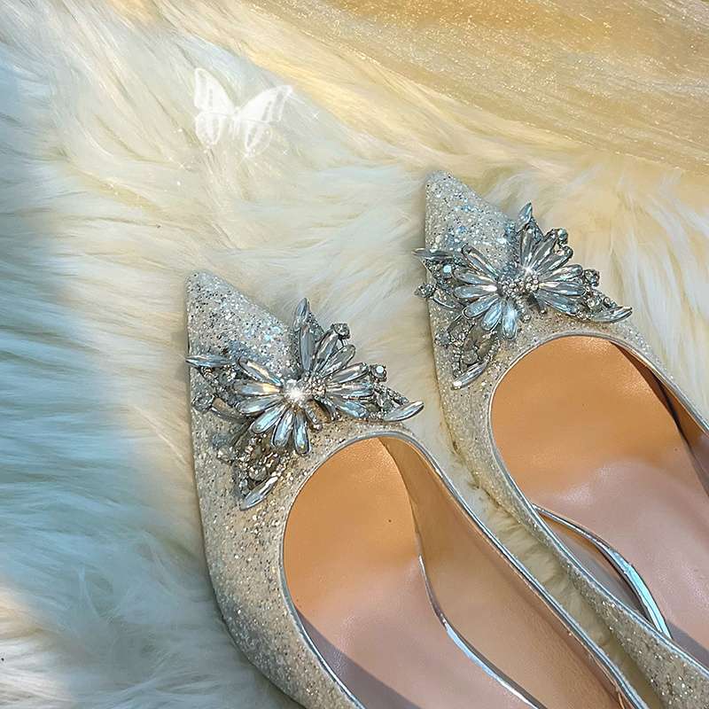 Zhang Qingqing same bow wedding shoes main wedding dress rhinestone crystal shoes bride shoes adult ceremony high heels 2025