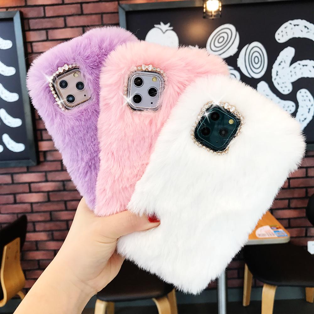 Buy Warm Rabbit Plush Diamond Phone Cases For Iphone 11 11pro Max X Xs Xr 11 8 7 6 6s Plus Cartoon Furry Hair Back Cover Winter Gift At Affordable Prices