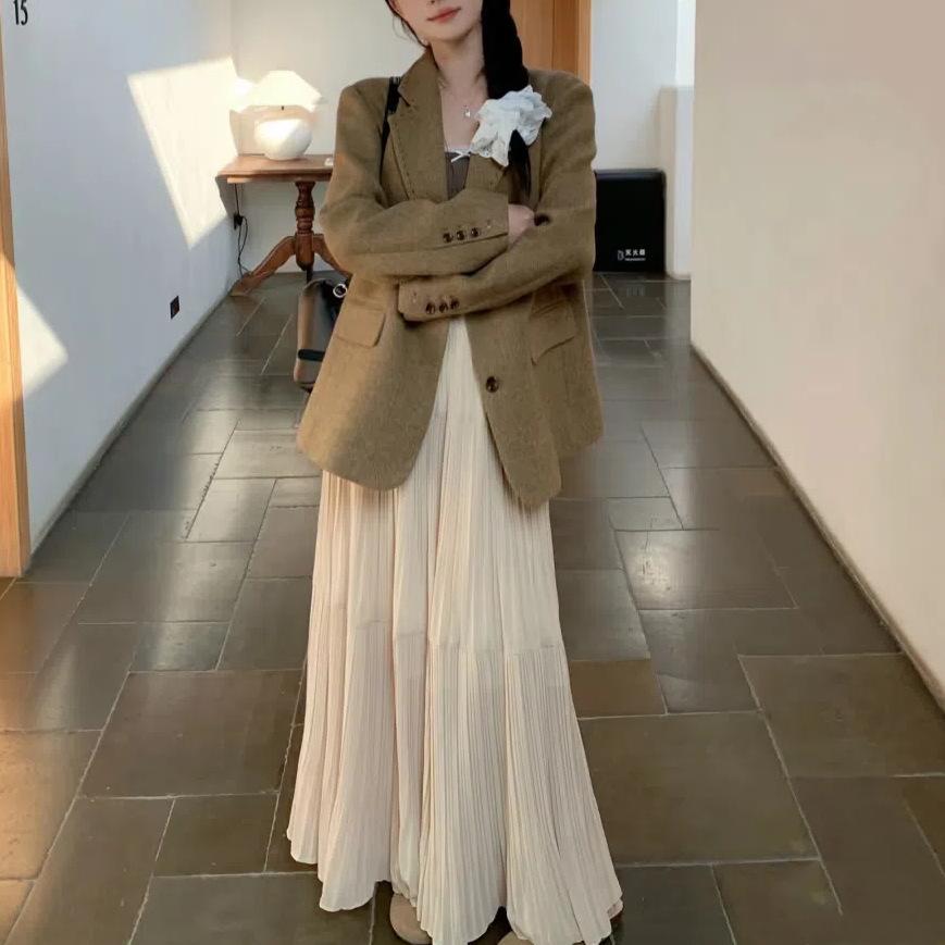 

Women Spring Summer chiffon High Waist Pleated Long Skirt Casual Elegant Solid A-line Big Swing Skirt Girl Half Fairy Skirt XL абрикосовий