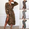 Kvinner Vårkjole V-hals Leopard Print Langermet Snøring Stram midje Midt-legglengde Myk Elegant Dame Midi-kjole
