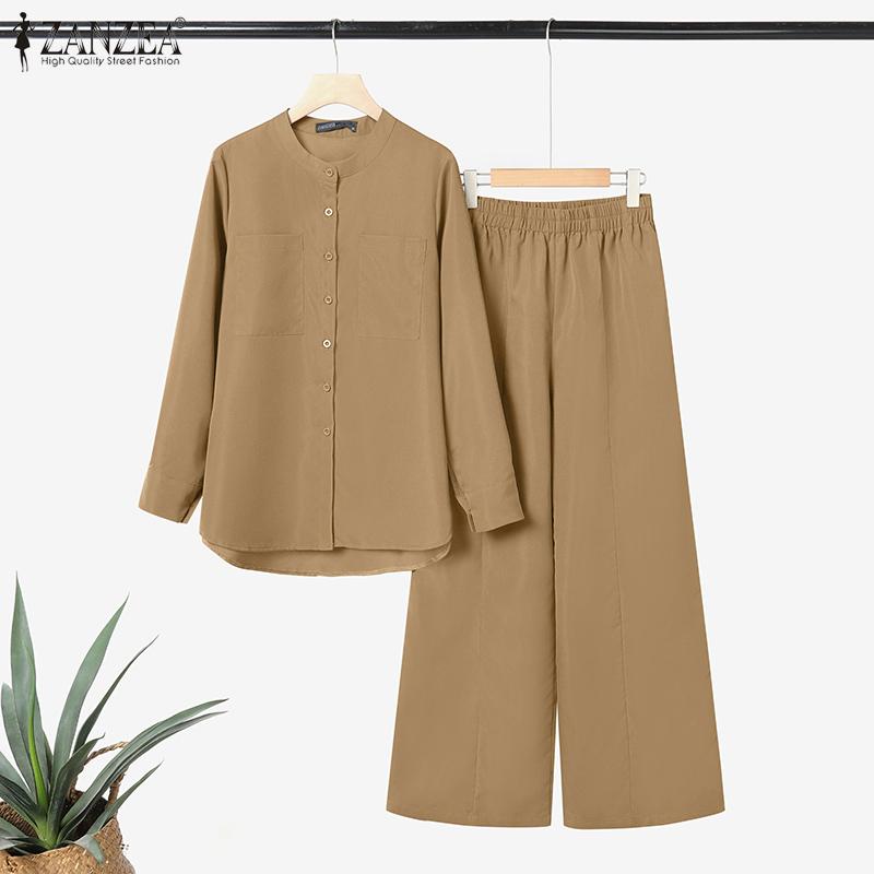ZANZEA Bluzka z długim rękawem i spodnie damskie, casualowe dwuczęściowe zestawy garniturowe
