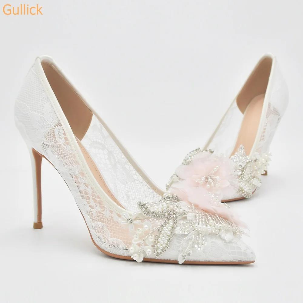

Модные летние кружевные туфли-лодочки на высоком каблуке из воздушной сетки, белые туфли для свадьбы с цветами и жемчугом, женские свадебные туфли-лодочки с острым носком и каблуком-шпилькой 42 бежевый