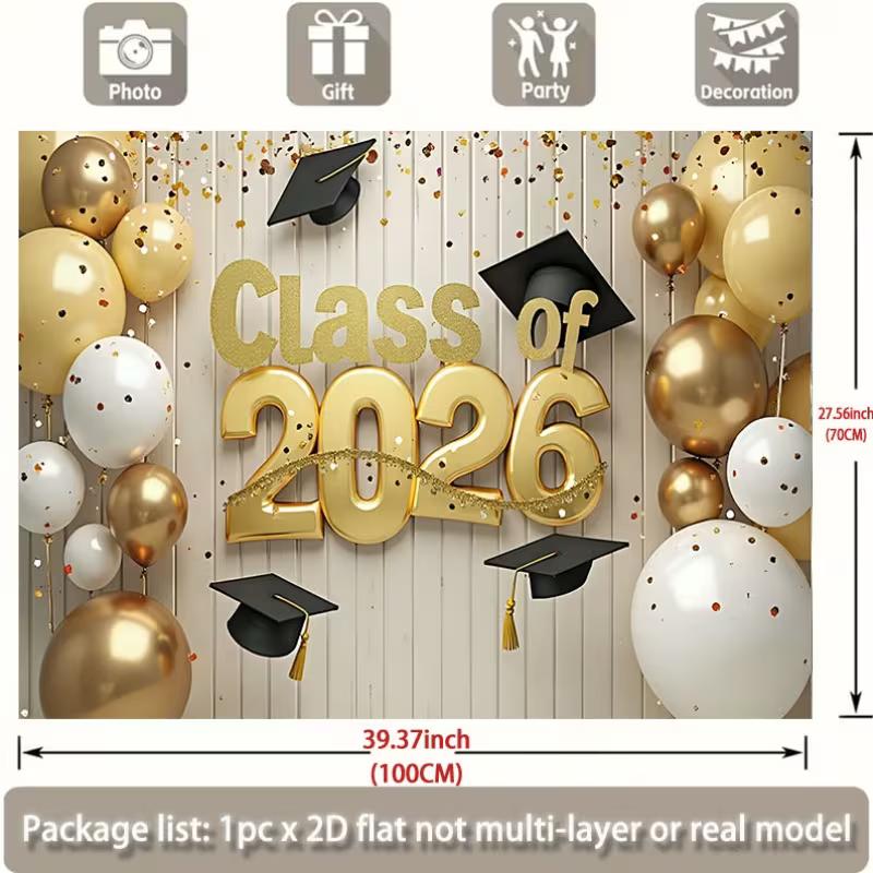2D Class of 2026 Graduation Photography Background Cloth Gold Balloon Party Backdrop