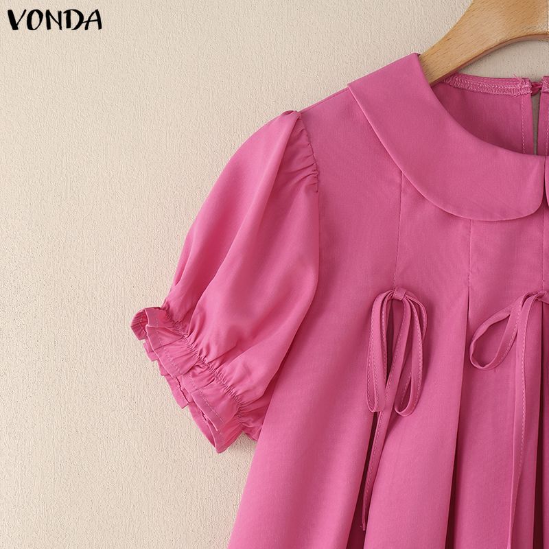 VONDA Women Casual Lapel Collar Puff Sleeve Ruffled Casual Blouse T-shirts