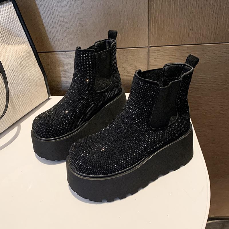 Quality Crystal Platform Ankle Boots Women's High Heels Luxury Shoes Winter Fad Elegant Chelsea Boots New Dress Cozy Mujer Botas