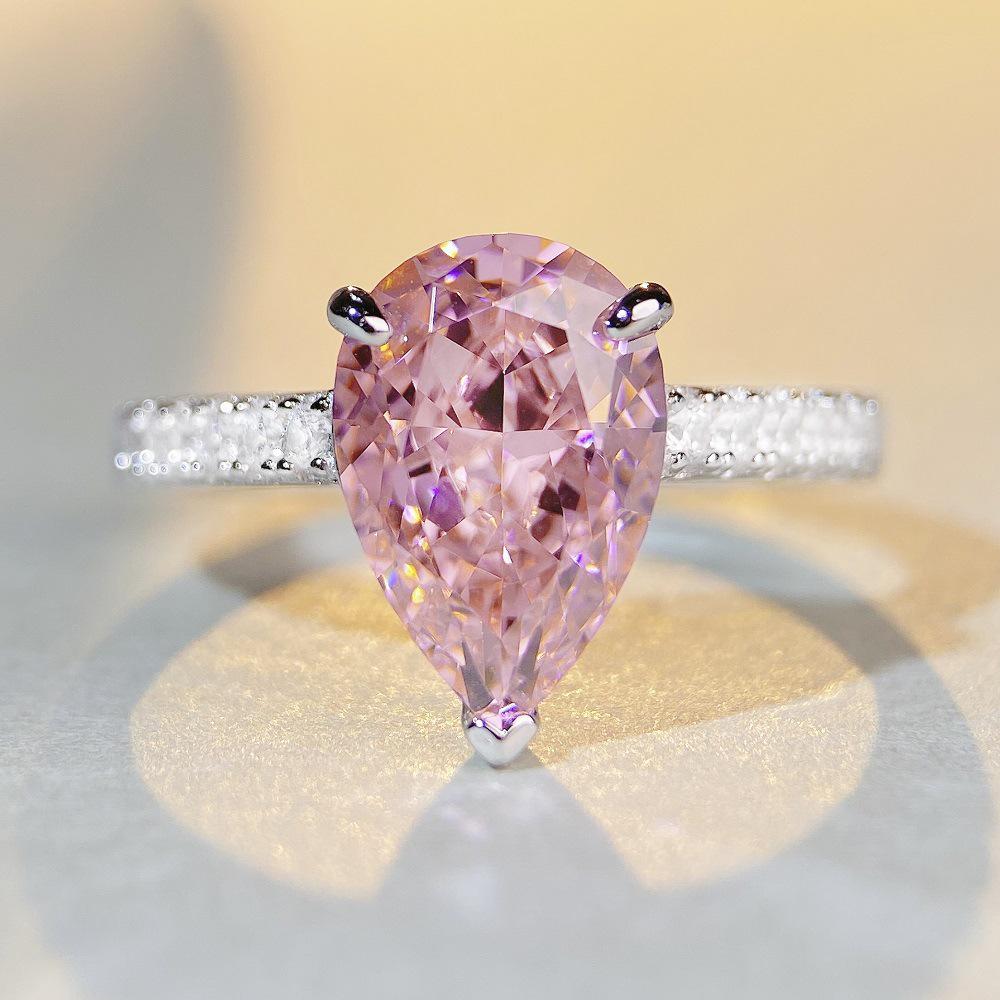 Nine Beauty Jewelry Teardrop Zircon Ring: S925 Sterling Silver, Pink High-Carbon Diamond, European & American Ice Flower Cut.