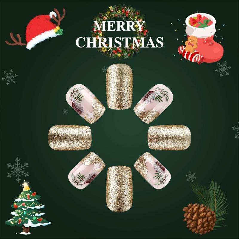 Glittering Artificial Nail Leaves False Nail Christmas Tree Full Cover Stick On Nail Short Square Press On Nail