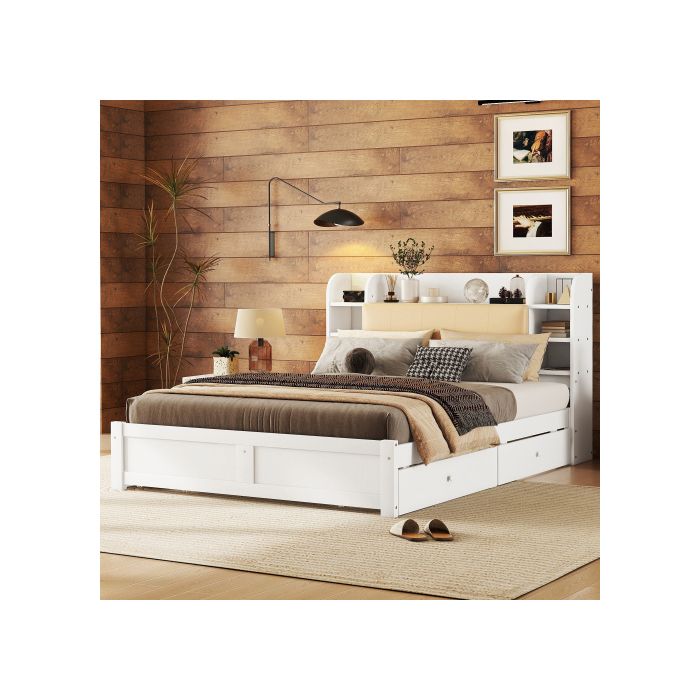 Lit - MUVOE - 160x200cm - Blanc - 4 tiroirs - Tête de lit relevable