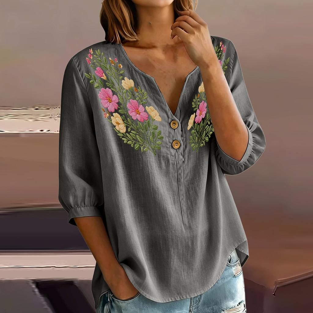 Women Floral Pattern Henley Button Neck Shirt Three Quarter Sleeve Casual Cotton Linen Blouse Lightweight Breathable Top