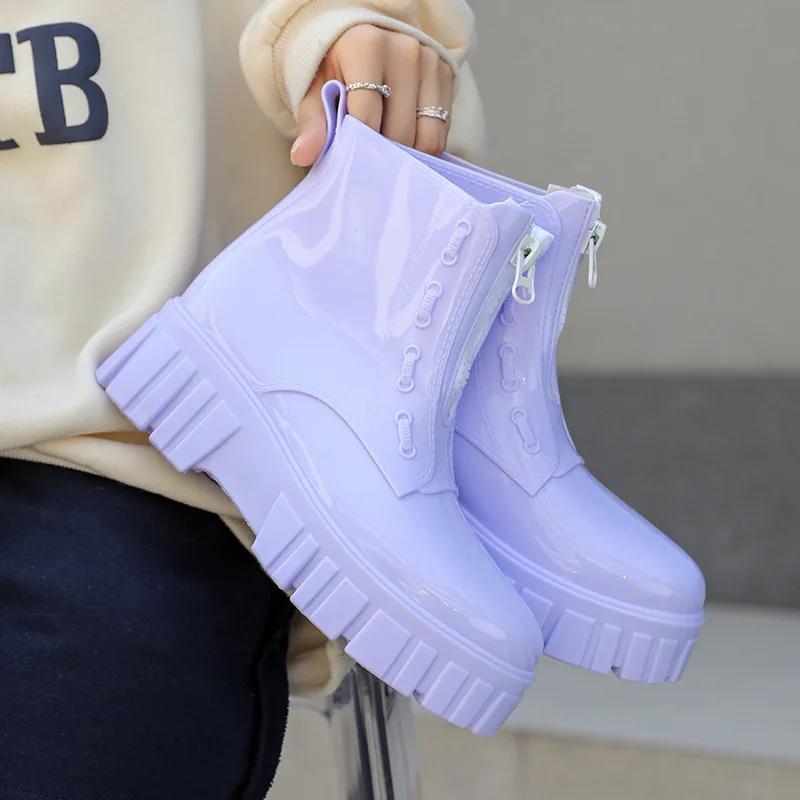 Fashion Mid Tube High Top Motorcycle Rain Boots  Women's Anti Slip and Wear-resistant Rain Shoes  Women Fashion Punk Thick Soled Shoes