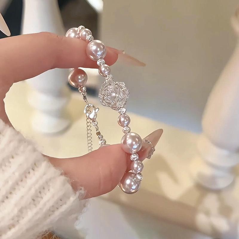 Exquisite French-Style Beaded Zircon & Pearl Flower Bracelet