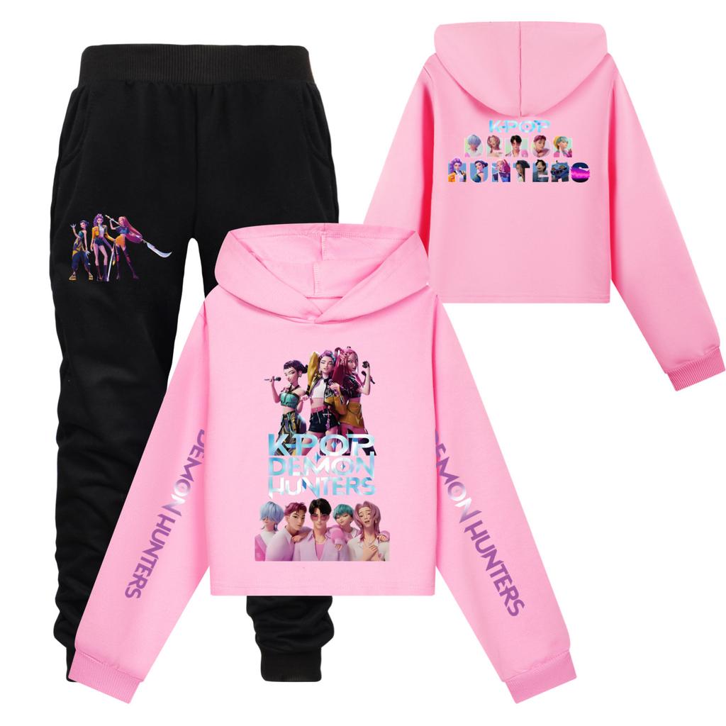 Girls Clothing Sets Kpop Witch Hunt Girls' Half Waist Short Hoodie Single and Double Sleeve Printed Casual Set