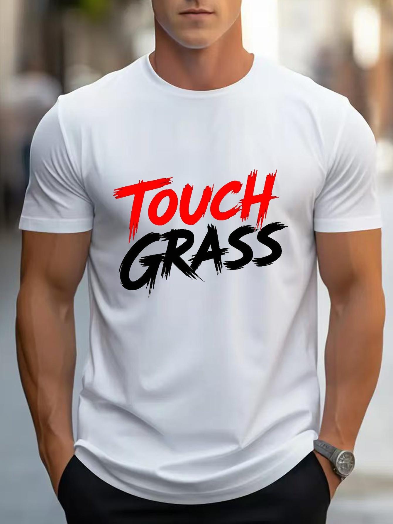 

Cotton Blend T-shirt with Bold TOUCH GRASS Graphic Print - Micro-Stretch Knit Fabric M