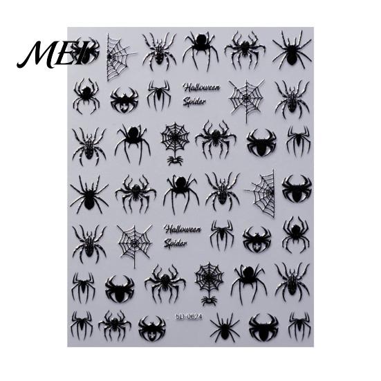 Nail Decor Sticker Halloween 3D Embossed Stickers, Skeleton Hand Pumpkin Spider Bat Art Decals, Gothic Manicure Decoration Decals for Holiday