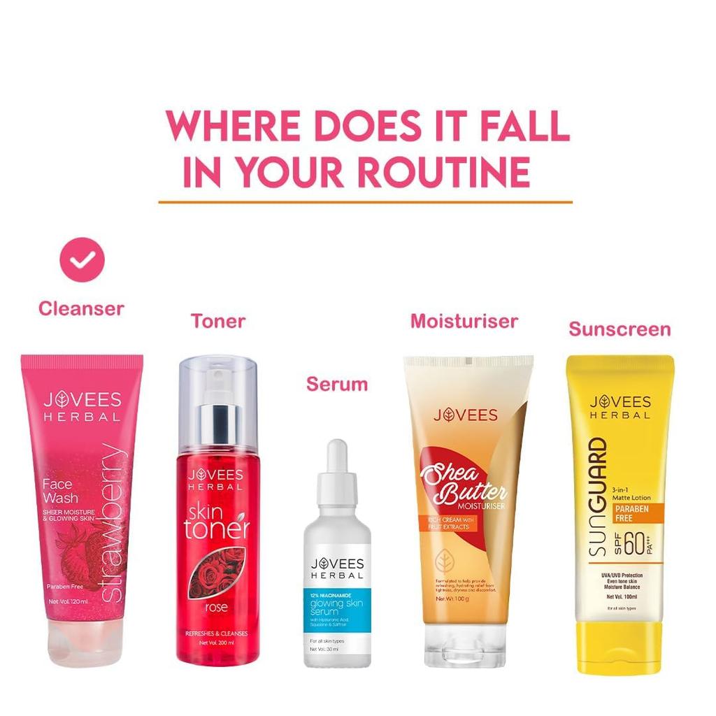 Jovees Herbal Strawberry Face Wash 50ml | Gentle Cleanser For Hydrating Glowing Skin | Brightens Complexion & Removes Pigmentation | For Normal Skin