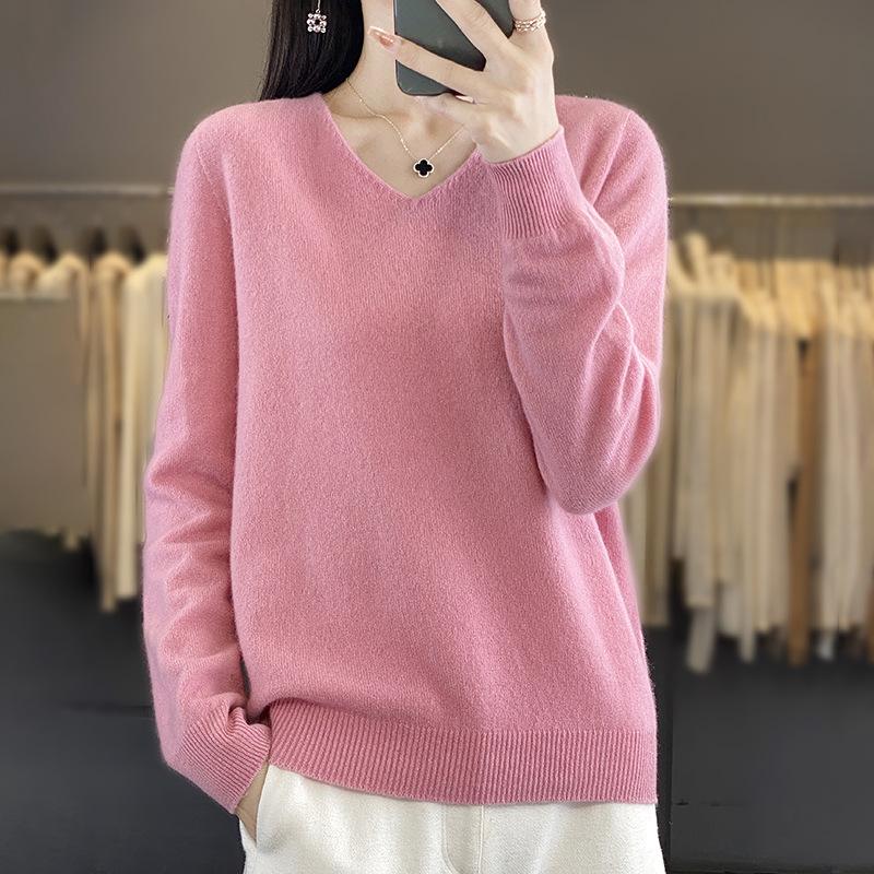 

Осень и зима новый трикотажный свитер с V-образным вырезом и длинными рукавами женский топ свободный и тонкий базовый свитер оптом S