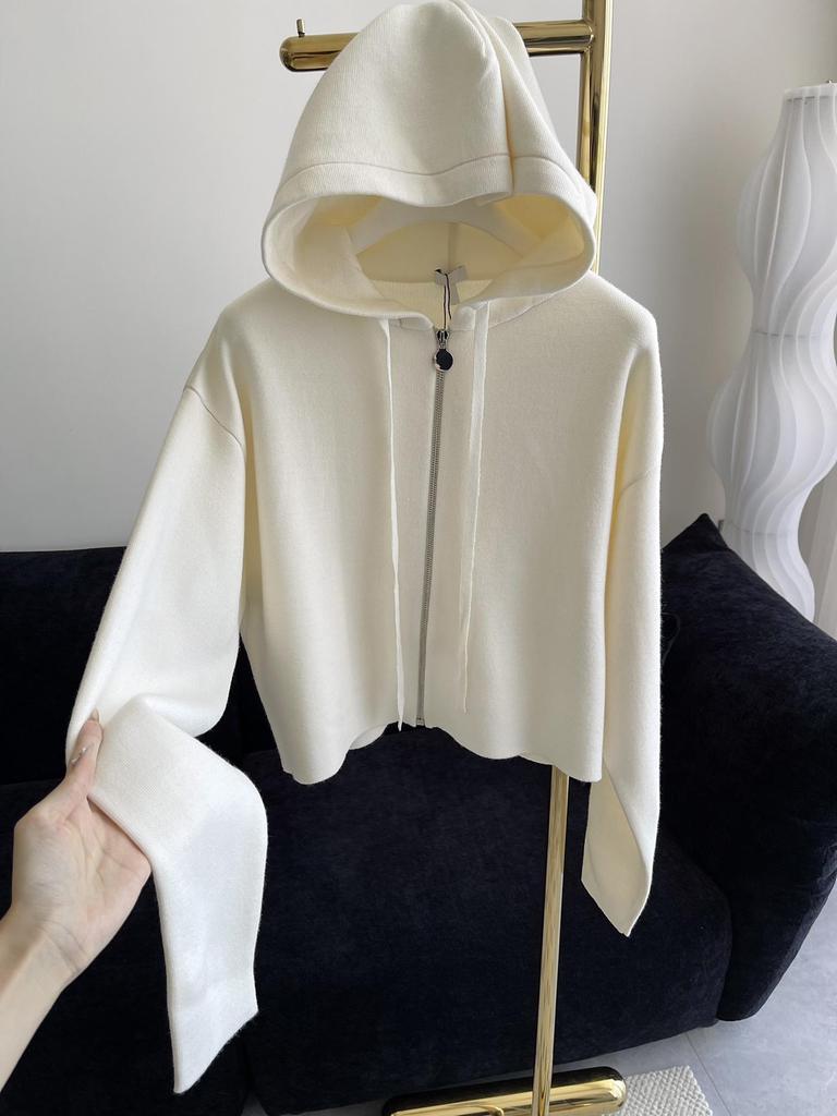 European Style French High-End Women's Embossed Ramie Wool Hooded Knit Cardigan Sweater