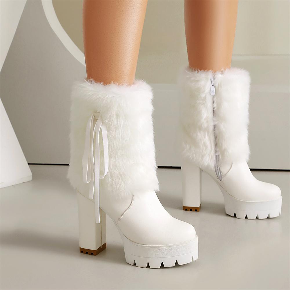 Women's Fur Ankle Boots Platform Shoes Fashion Bow 11CM High Heels White Black Autumn Winter Short Boot Ladies Size 35-50