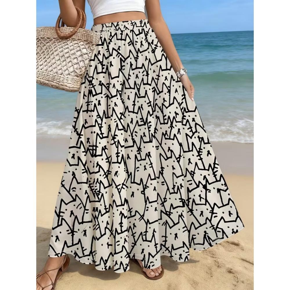 Women's Floral Printed High Waisted Long Skirt, Suitable for Casual Beach Wear on Vacation