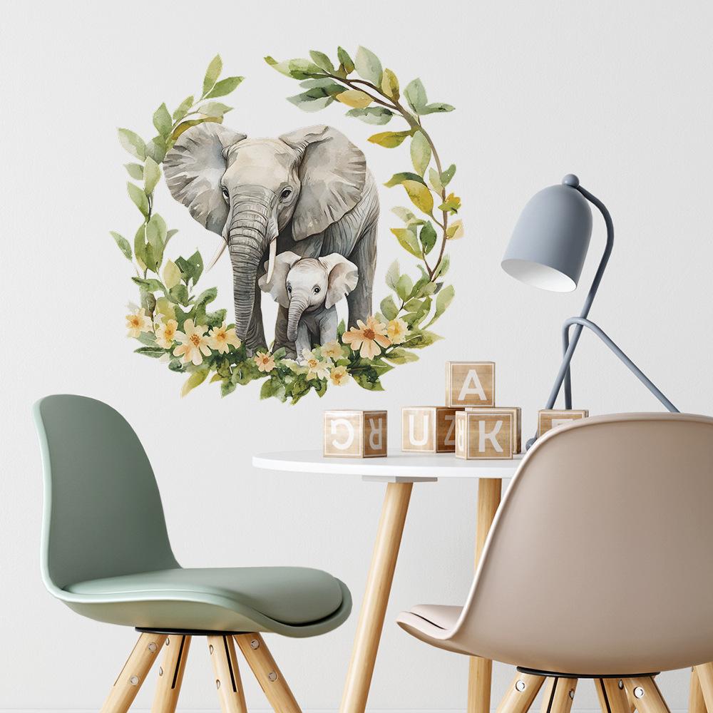 Cartoon Parent-child Baby Elephant Flower Grass and Green Leaf Background Beautification and Decoration Wall Stickers